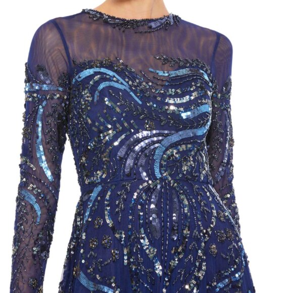 MAC DUGGAL 5217 LONG SLEEVE EMBELLISHED ILLUSIONS MIDNIGHT NAVY GOWN sz 16 - Picture 2 of 6